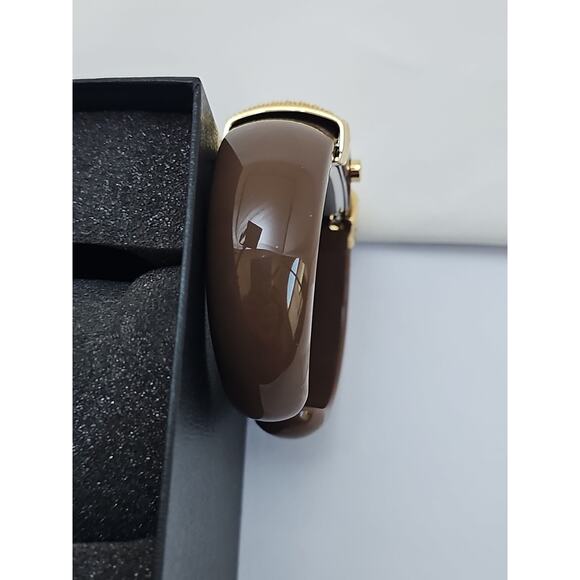 Gruen Womens Wrist Watch Brown Hard Bracelet Band Gold Details White Face Quartz - Picture 5 of 7